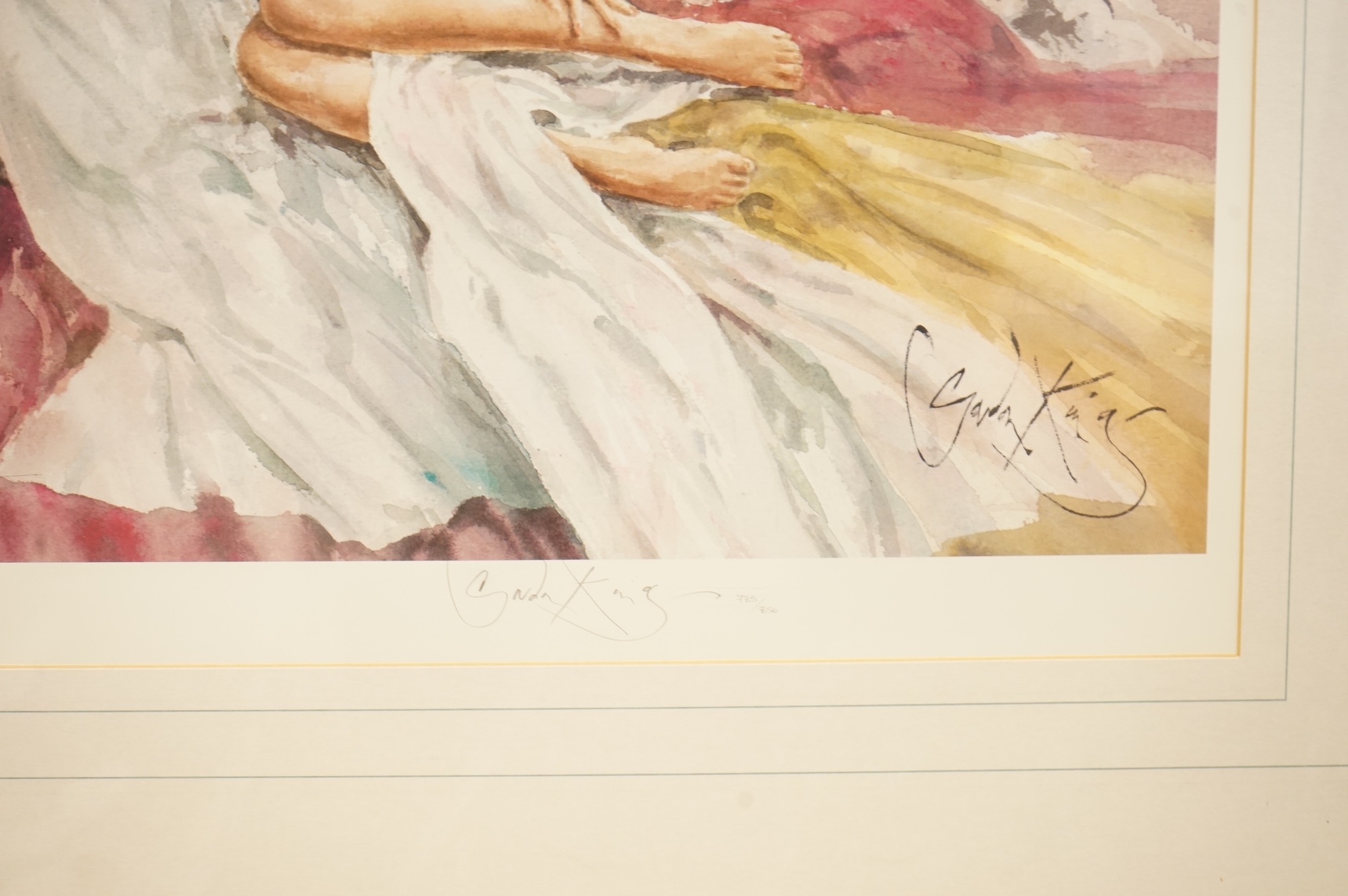 Gordon King (b.1939), Interior scene with semi-nude reclining woman, signed in pencil and limited edition 785/850, Fine Art Trade Guild blindstamped, colour print, details verso, 44 x 61cm
